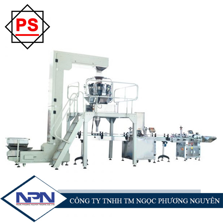 Dây chuyền định lượng Hạt vào Lon + Viền Mí Lon + Dán nhãn Lon QM-DCDL02 Dây chuyền định lượng Hạt vào Lon + Viền Mí Lon + Dán nhãn Lon QM-DCDL02